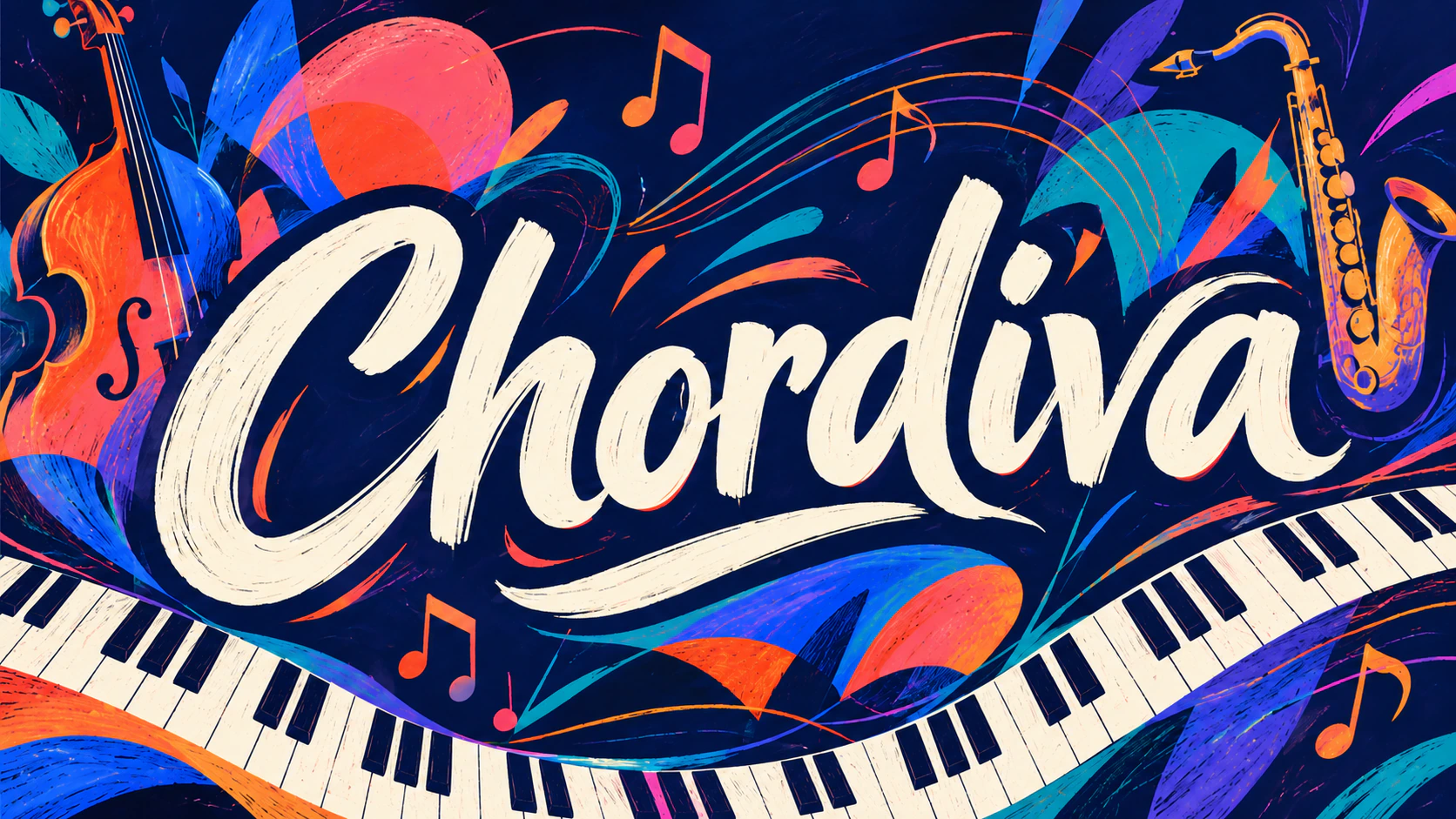 Chordiva illustrated wordmark with musical instruments
